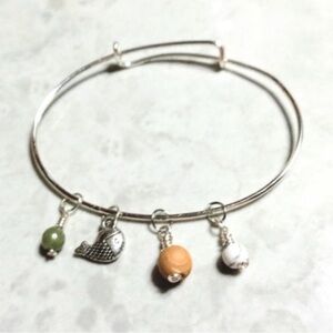 Silver Plated Adjustable Oval Fish Charm Bangle with  Beads